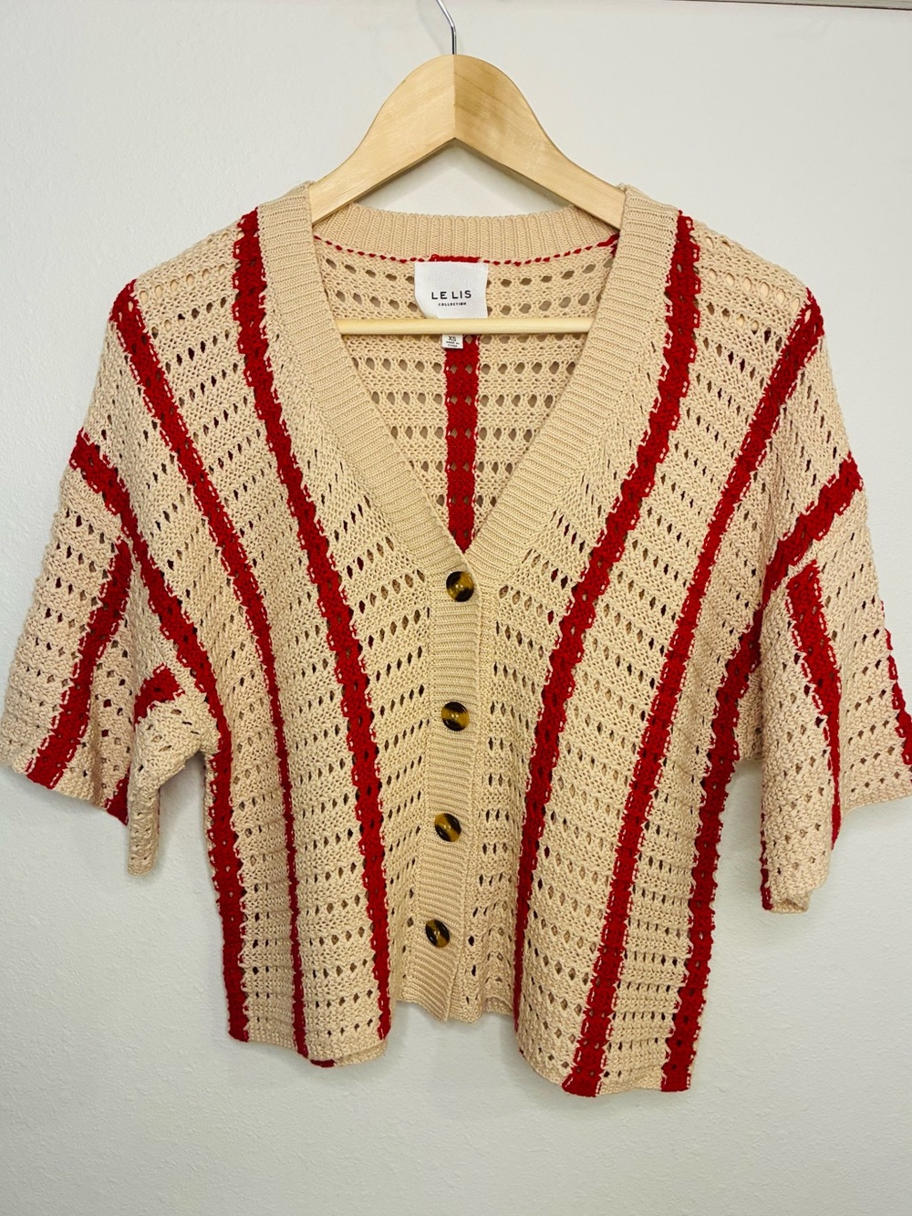Le Lis Beige Open-Knit V-Neck Cardigan with Red Stripes